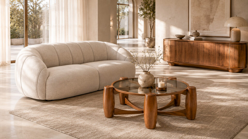 SANDY sculptural round coffee table with smoked glass top in a bright luxury living room with a light sofa and refined interior styling.