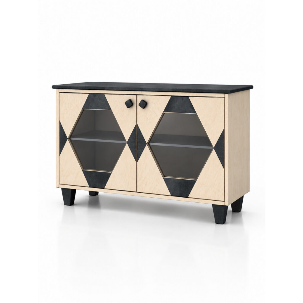 RC WINTHROP compact sideboard in light birch wood with a black top, matte black geometric diamond front, smoky glass inserts and black legs, shown as a clean product photo on a white background.