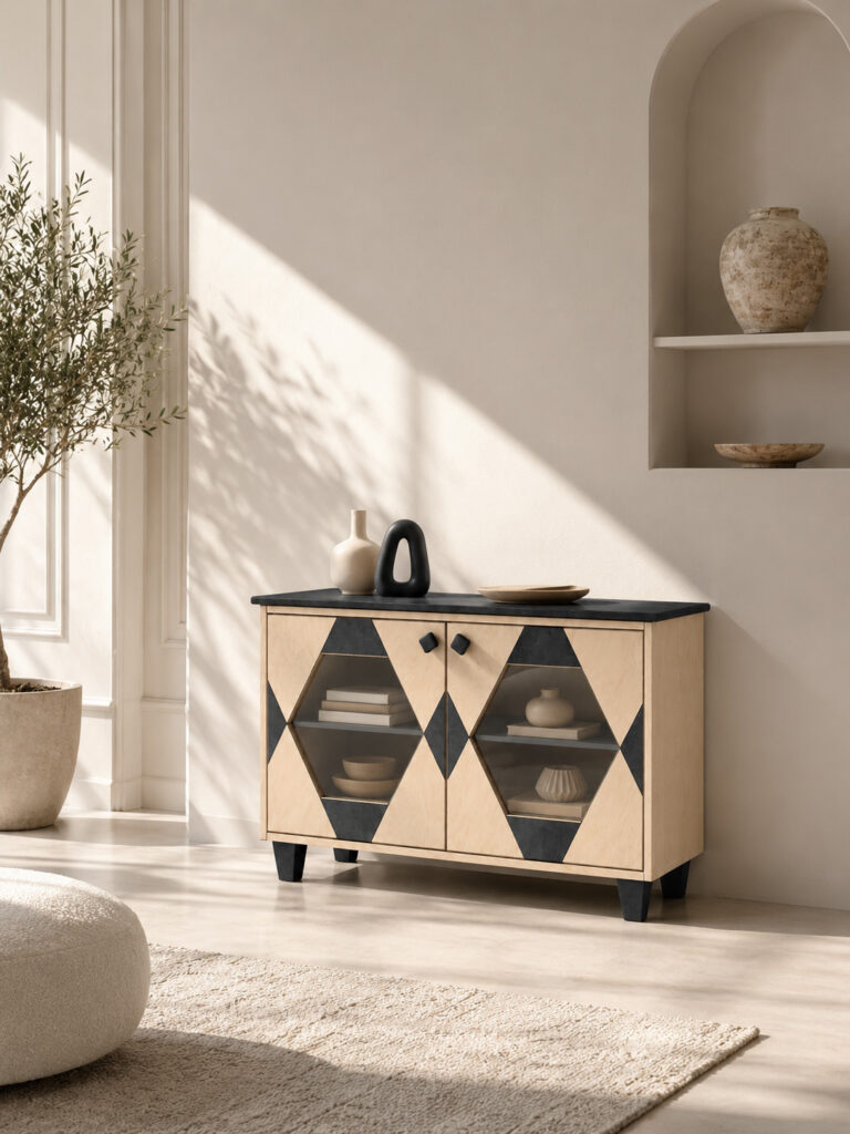 RC WINTHROP sideboard in light birch wood with a black top, matte black diamond pattern and smoky glass doors, placed in a bright minimalist interior with warm sunlight stripes.