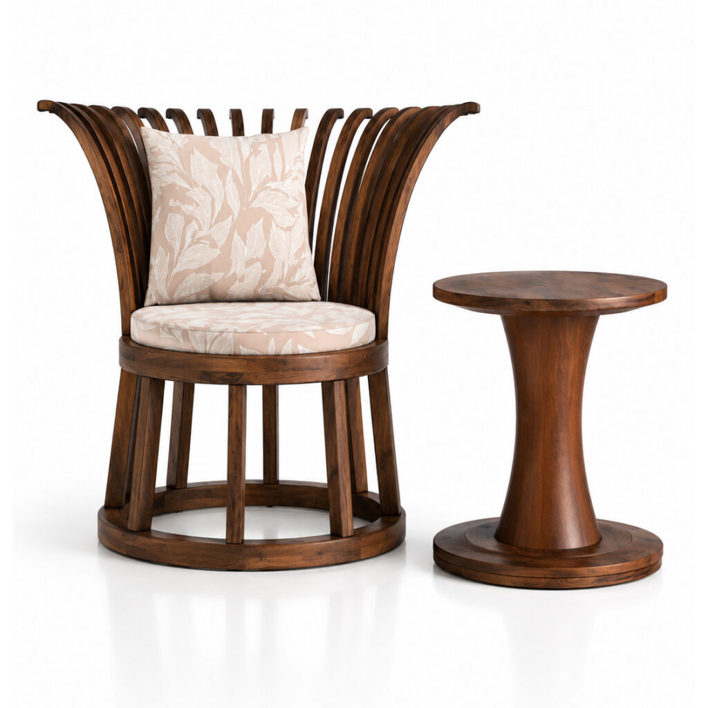 Sculptural wooden lounge chair with curved slatted back, beige botanical seat and back cushions, paired with a matching round wooden pedestal side table on a white studio background.