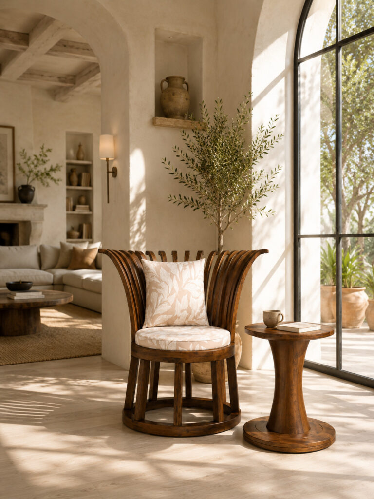 Sculptural wooden lounge chair with beige botanical cushions and matching round pedestal side table in a bright Mediterranean living room corner, beside a large arched window with warm sunlight streaming across the floor.
