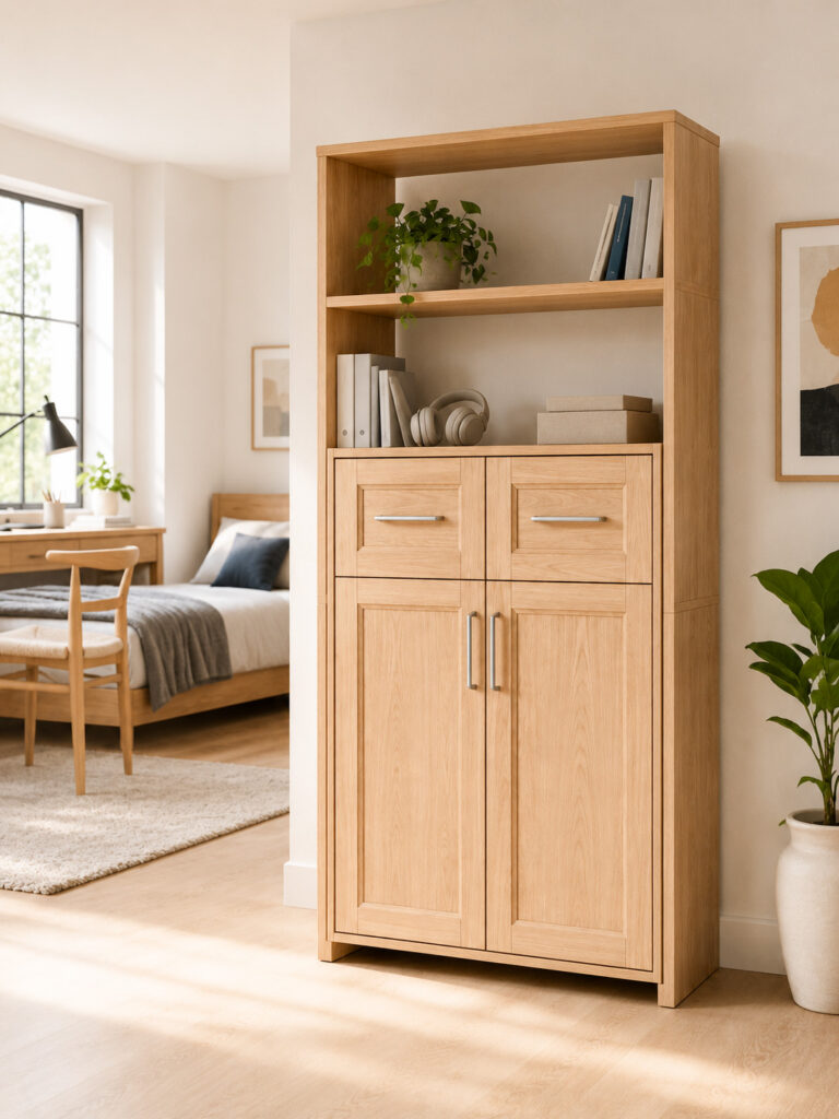 Light oak tall storage cabinet with open shelves, framed doors and stainless steel handles in a bright Scandinavian bedroom interior.