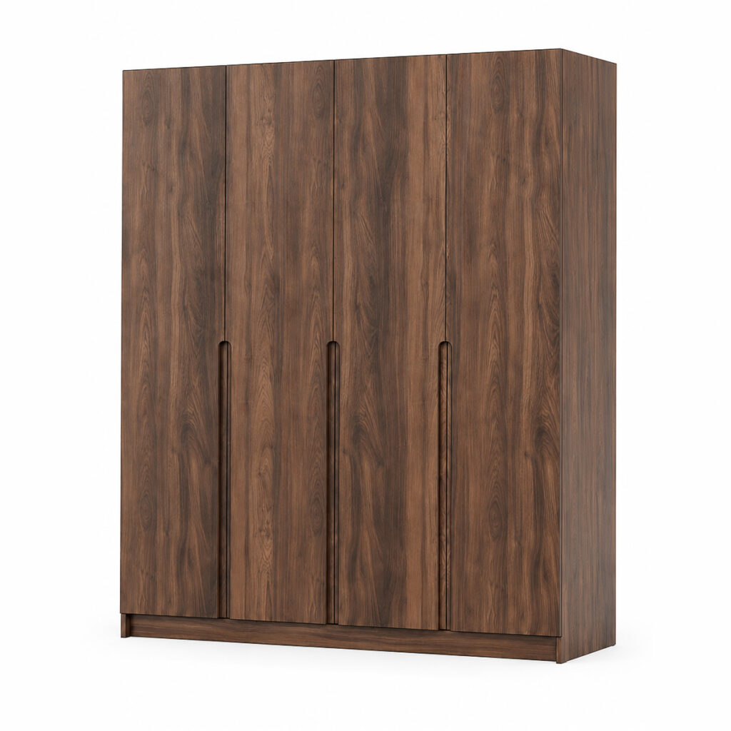 Product image of a modern walnut wood wardrobe with four tall doors, recessed vertical handles and a clean minimalist design.