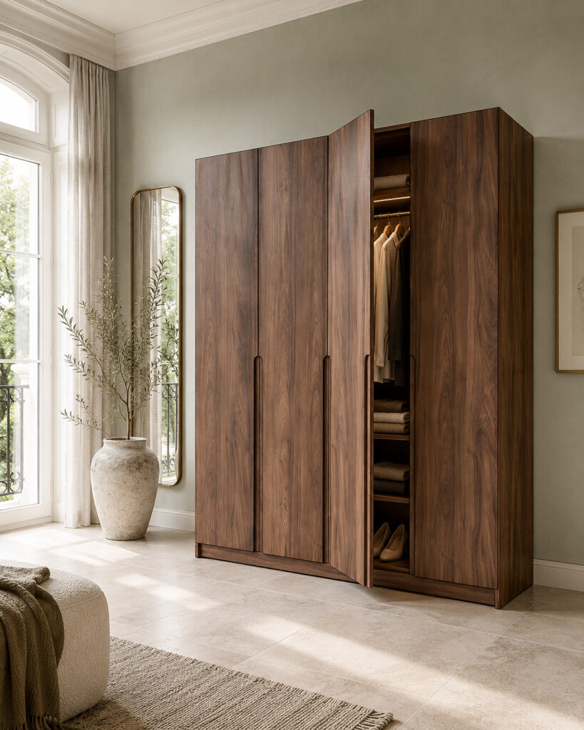 Modern walnut wardrobe styled in a bright elegant dressing room with pale sage walls, stone flooring, tall window, mirror and one slightly open door showing neatly arranged clothing.