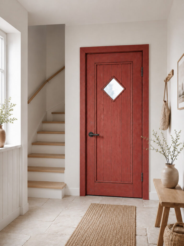 Weathered red wooden plank door with diamond glass pane styled in a bright hallway beside a staircase, stone floor and natural decor.