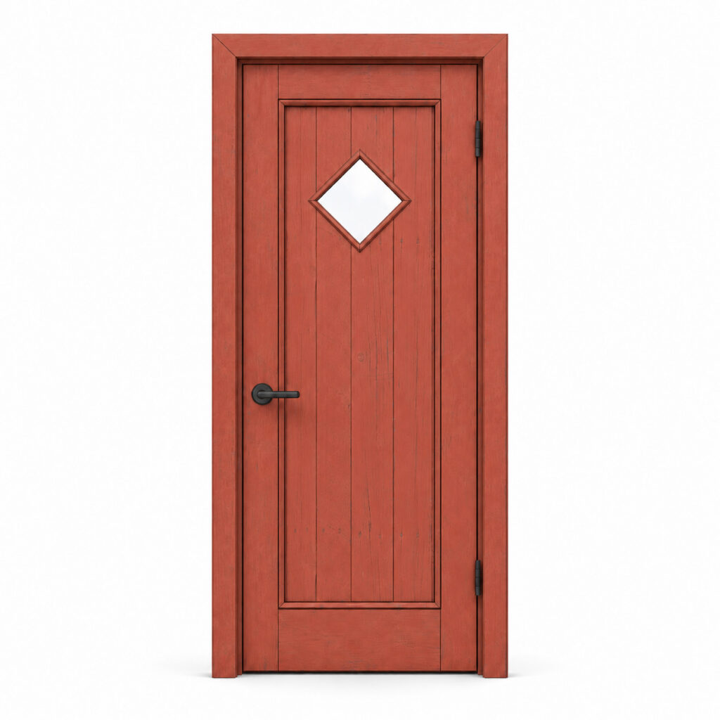 Product image of a rustic red wooden door with matching frame, black handle, black hinges and a diamond-shaped glass pane.