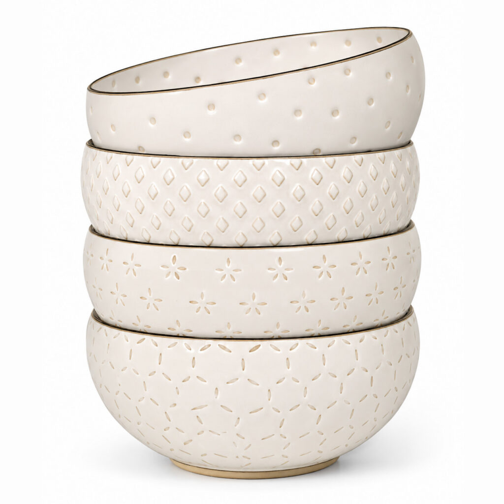 Four ivory stoneware cereal bowls stacked on a white background, each with a different embossed pattern and a fine dark rim.