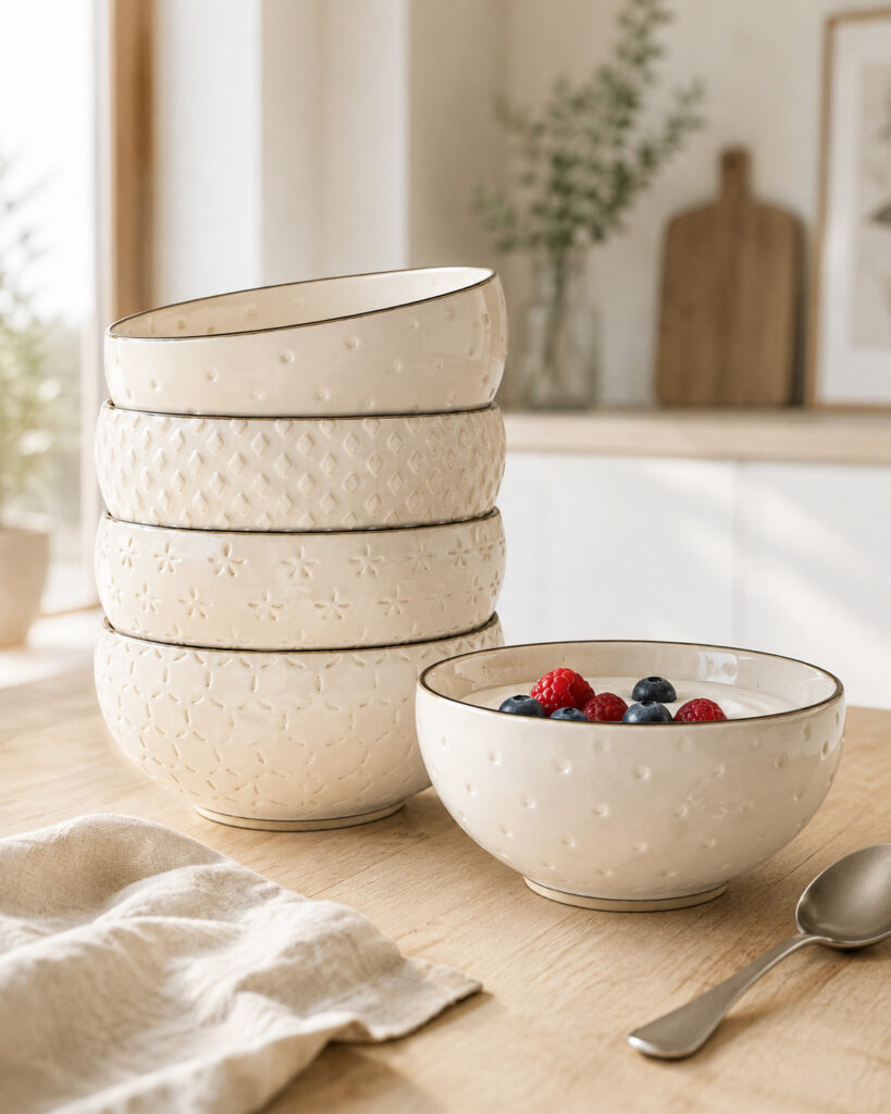 Four stacked ivory stoneware cereal bowls beside a matching bowl filled with yoghurt and berries, styled on a light wooden kitchen table with a spoon and linen cloth.