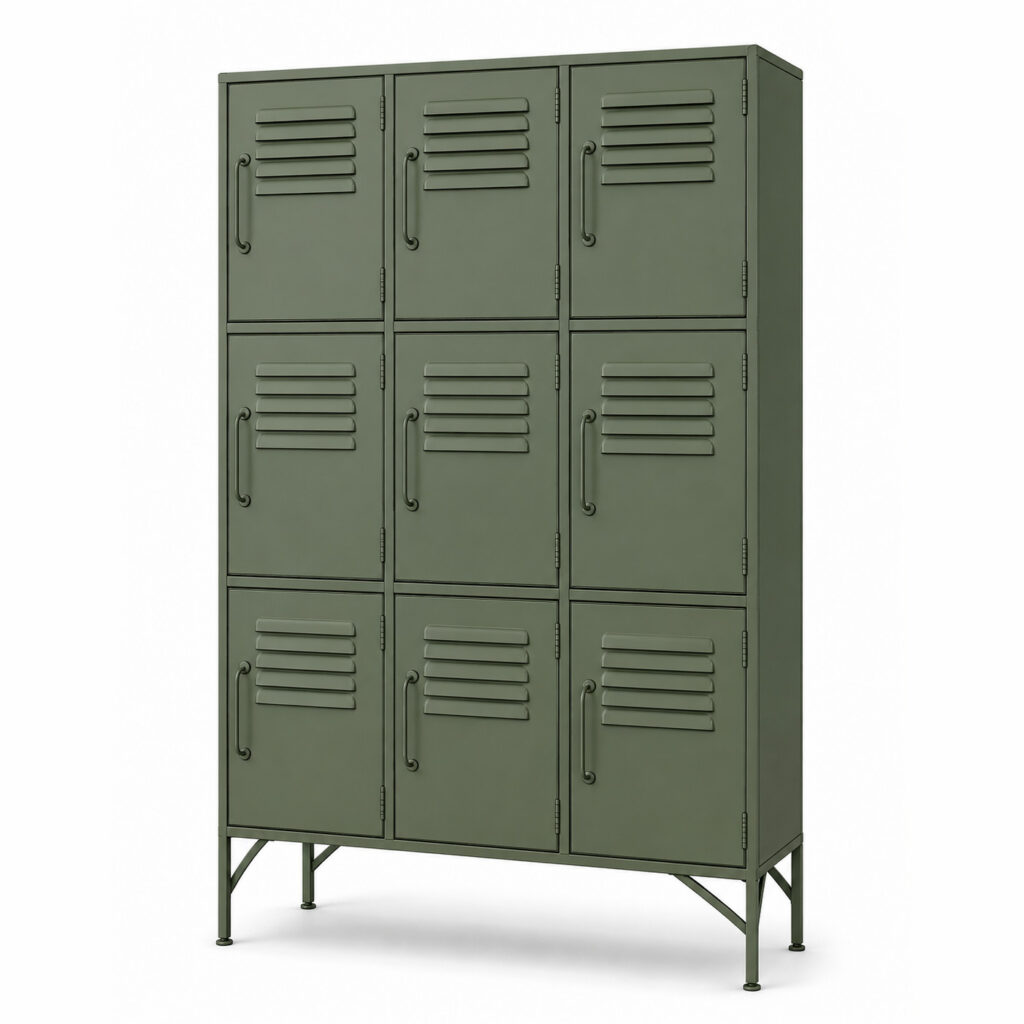Olive green steel locker cabinet with nine ventilated doors, curved handles and slender metal legs on a white background.