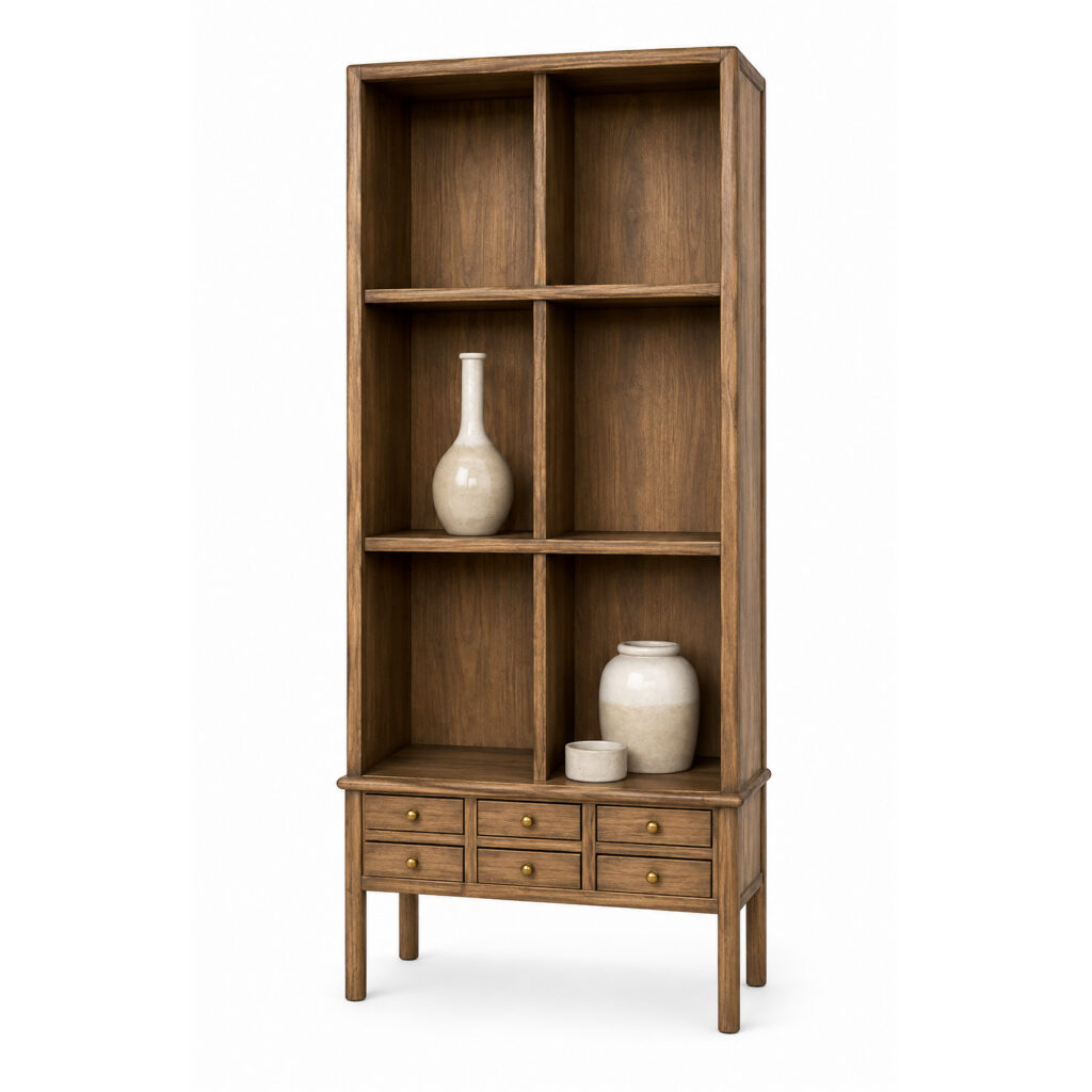 Front view of a tall wooden display shelf with a light antique finish, six small drawers with brass knobs, and decorative clay vessels, isolated on a white background.