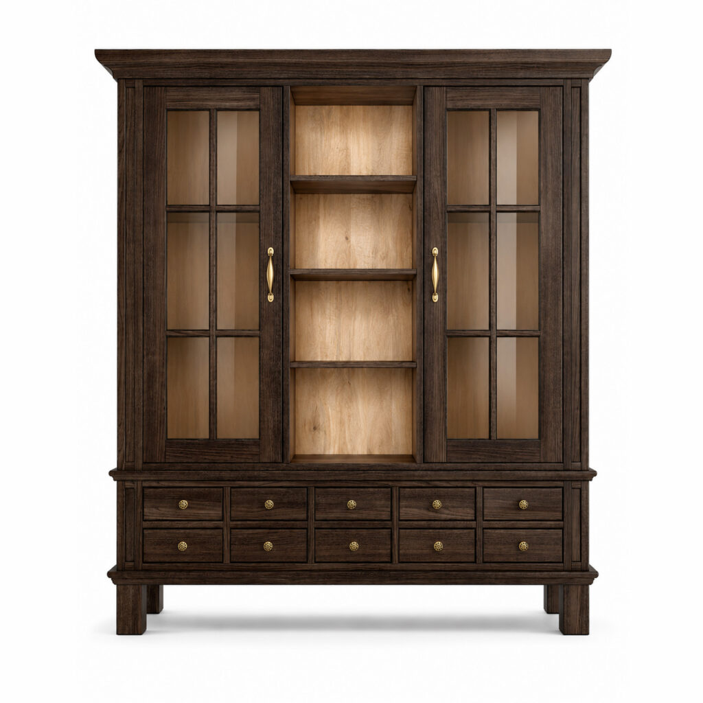 Front view of a large display cabinet with dark antique-finished wood, an untreated mango wood interior, two lightly tinted glass doors, open center shelves, and multiple drawers with brass knobs and brass handles, isolated on a white background.