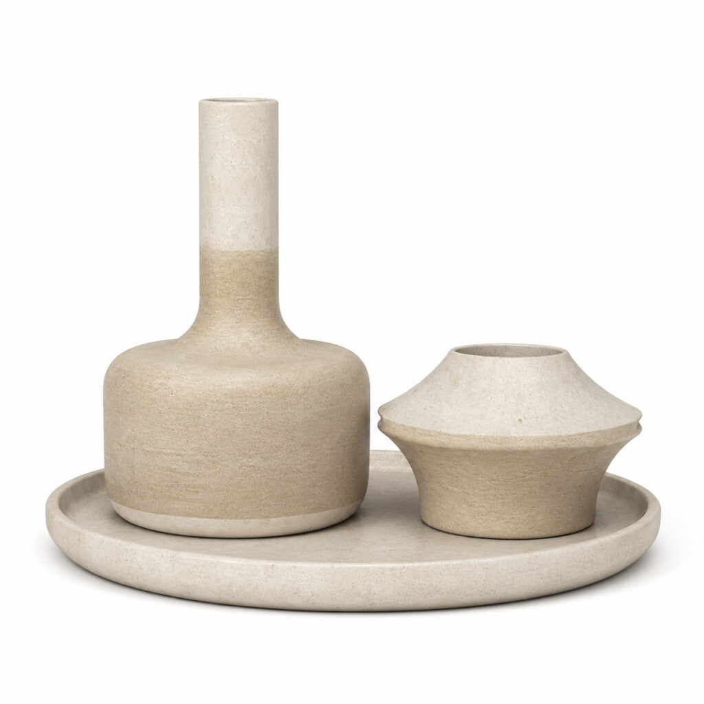 Front view of a ceramic decor set with a tall bottle-shaped vessel, a smaller sculptural vessel and a round tray in soft cream and beige tones, isolated on a white background.