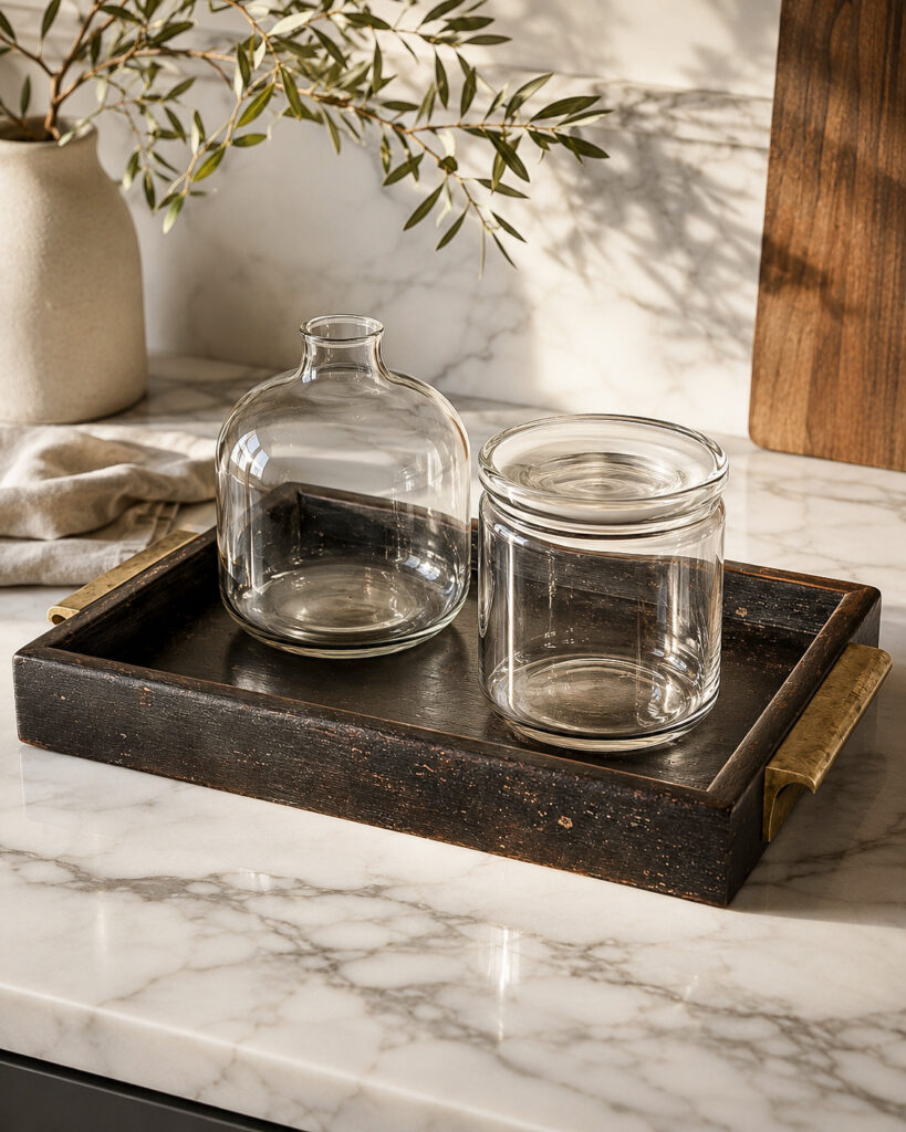 Painted wooden tray with patina, brass handles, a clear glass bottle and a lidded glass jar styled on a marble surface in a warm elegant interior.
