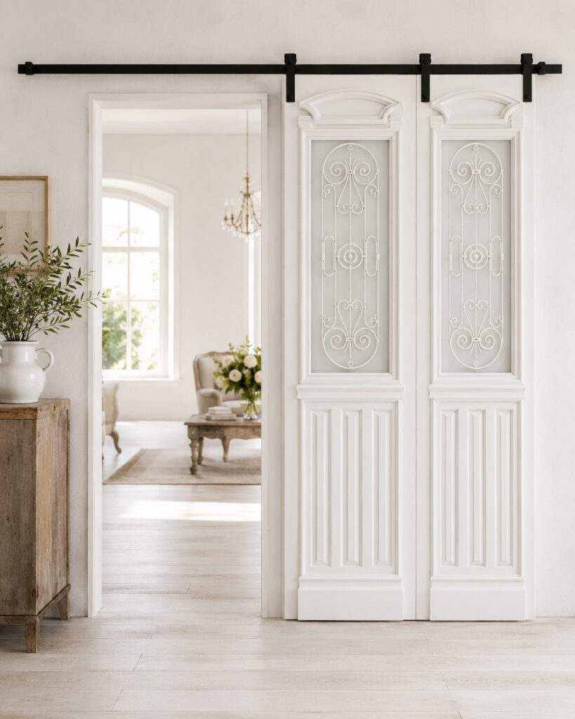 White sliding Antique Stile sliding door with frosted glass and decorative iron-look grille panels in a bright elegant interior with a black top rail and a view into a soft classic living room. 