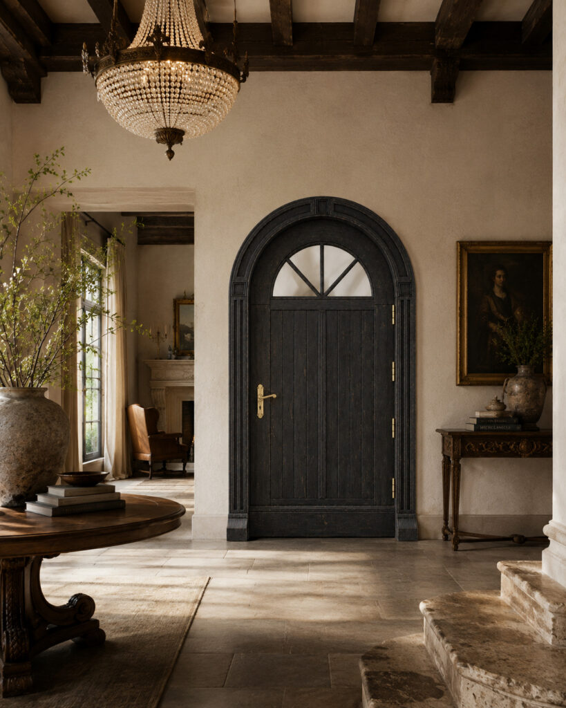 Dark arched wooden door with brass hardware shown in an elegant old-world interior with high ceilings, exposed beams, a large chandelier, stone flooring and refined decorative furnishings.