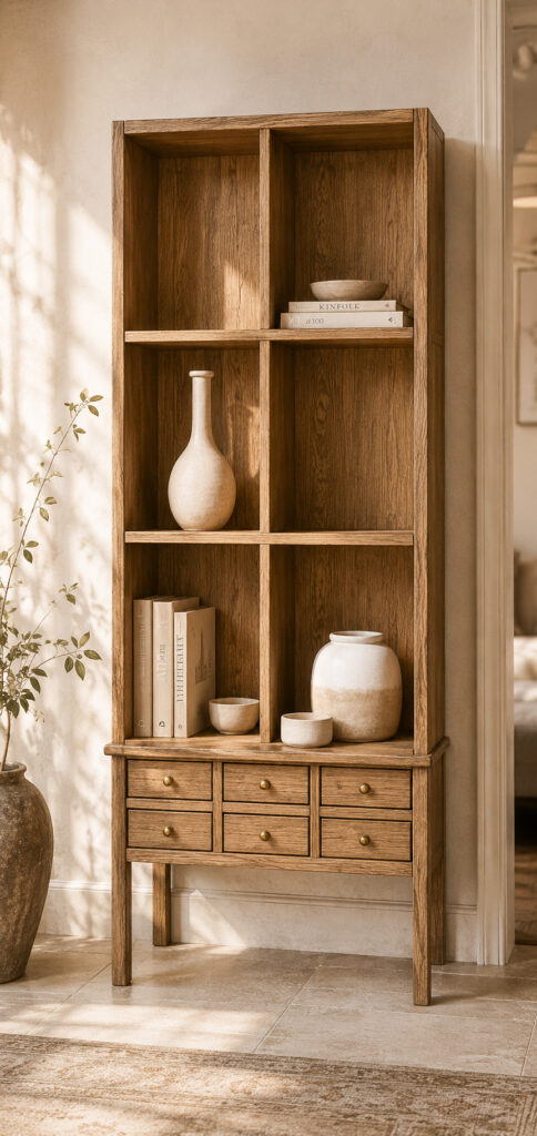 Wooden display shelf with a light antique finish and six drawers, styled with clay vessels and books, placed in a softly lit, elegant interior with warm natural tones.