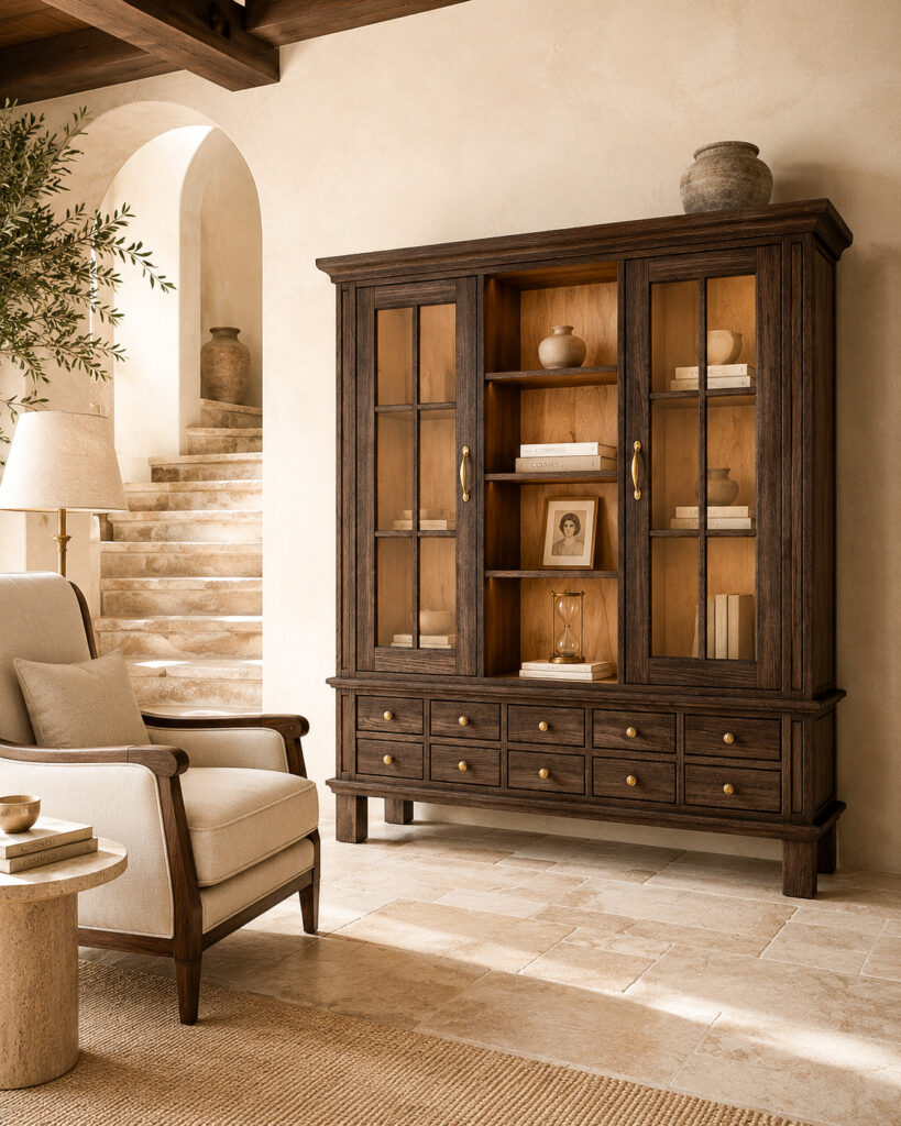 Large rustic display cabinet in dark antique-finished wood with tinted glass doors, open center shelves and many drawers, styled in a warm elegant interior with stone flooring, a cream armchair and a softly lit staircase.