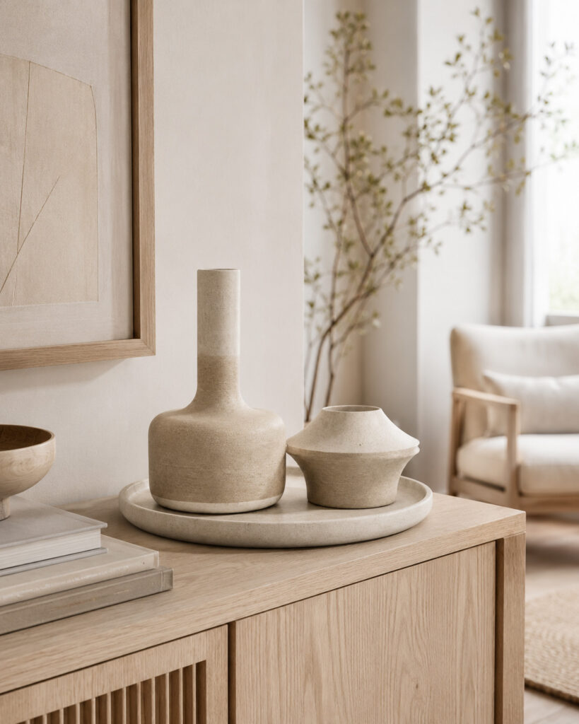Ceramic decor set with two cream and beige vessels on a round tray, styled on a light wooden sideboard in a bright, soft-toned interior with natural materials and a blurred lounge chair in the background.