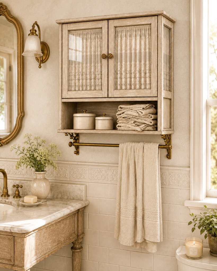 Vintage wooden wall cabinet with glass doors, lace curtains and brass towel rail mounted above a marble vanity in an elegant cream bathroom.