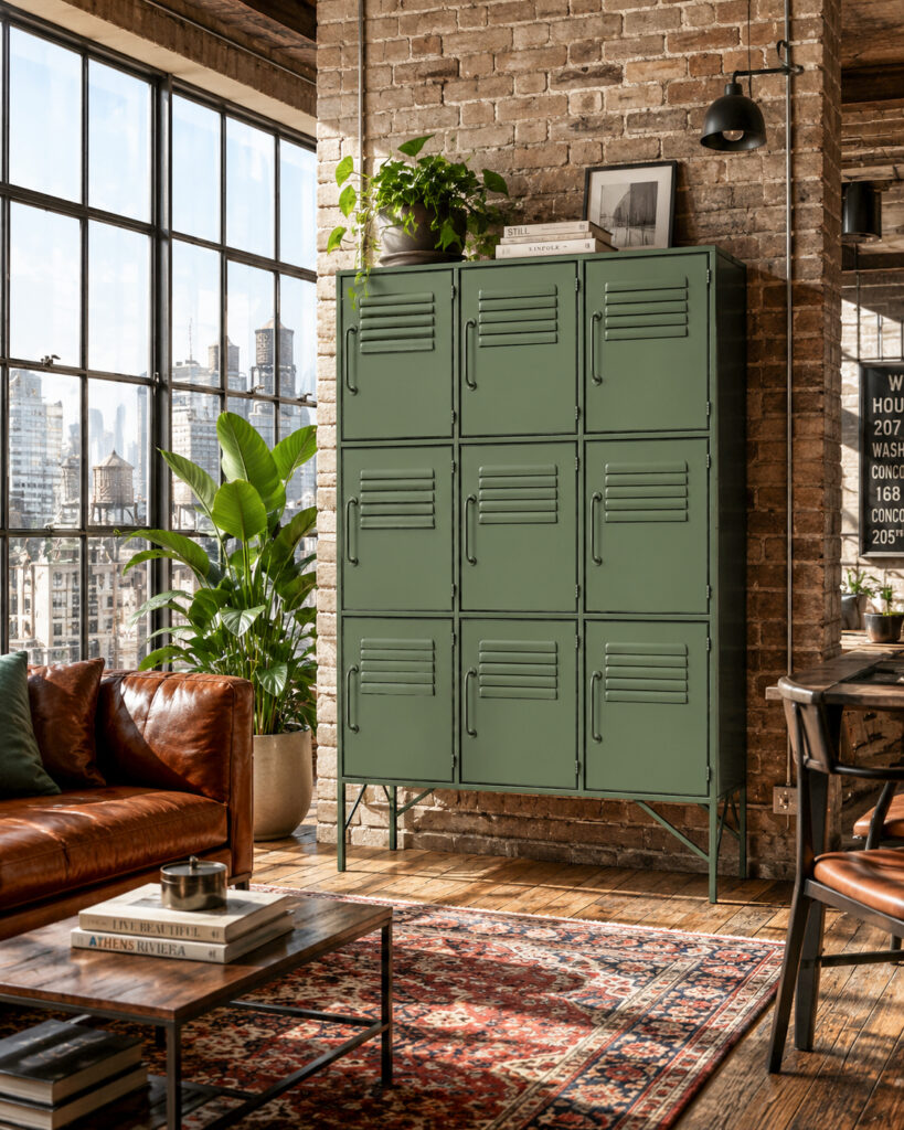 Olive green steel locker cabinet with nine compartments in a bright industrial loft with exposed brick, large factory windows, leather furniture and a patterned rug.