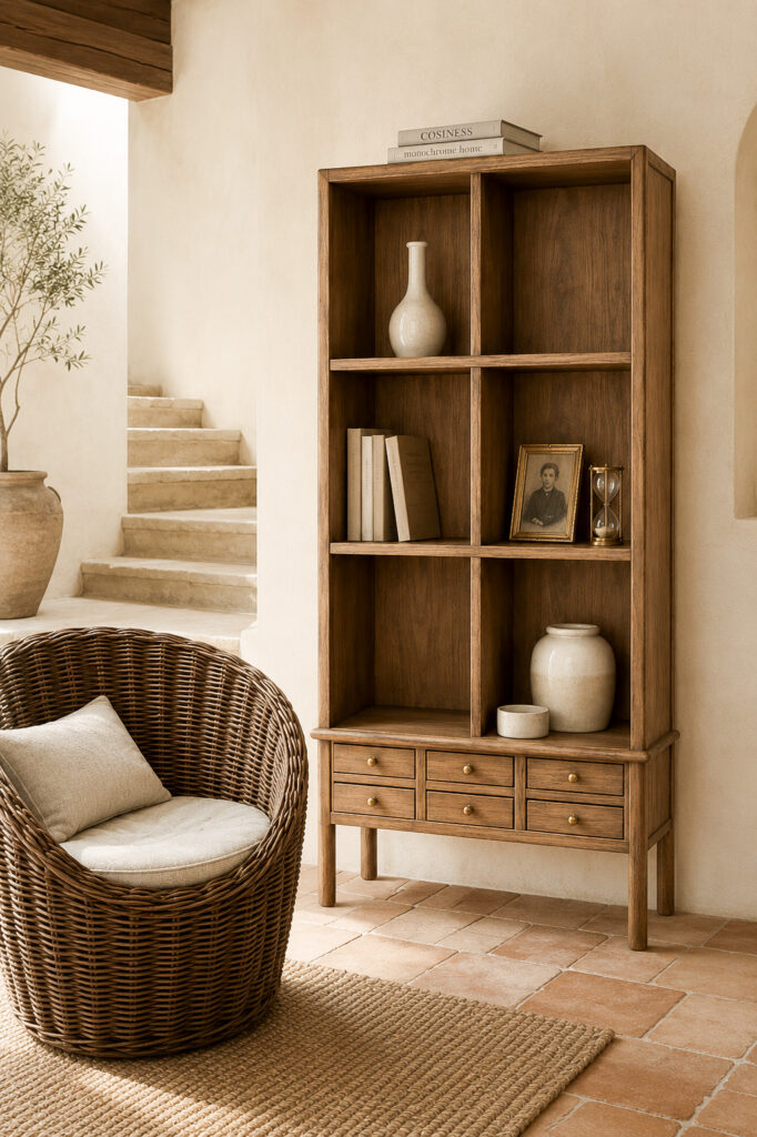 Tall rustic wooden display shelf with six drawers, clay vessels, books, a framed portrait and an hourglass, shown in a warm Mediterranean interior beside a woven armchair and stone steps.