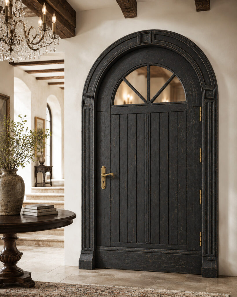 Close ambient view of a dark arched wooden door with glazed fanlight and brass hardware in a bright, sophisticated interior with exposed beams, chandelier, stone steps and a round wooden table with a large vase.