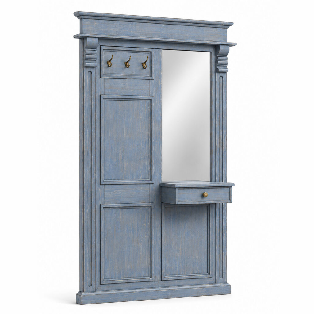 Blue vintage wooden hall tree with mirror, brass coat hooks, drawer and decorative panelled details on a white background.