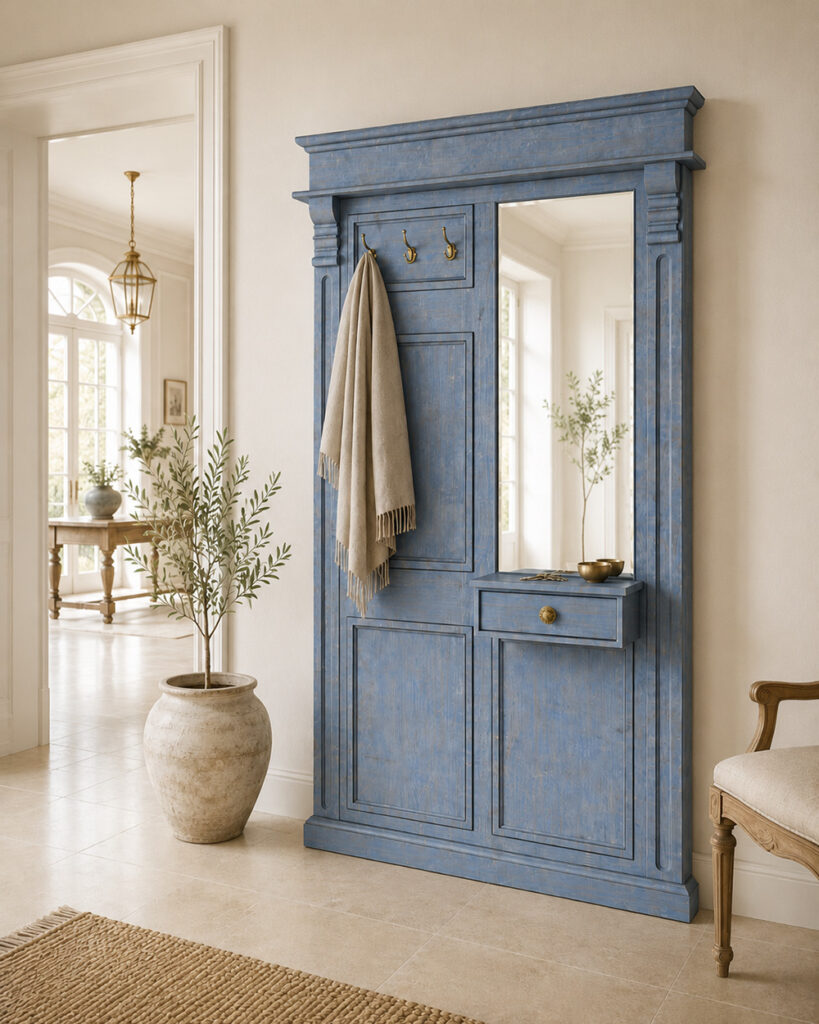 Blue vintage hall tree with mirror and brass hooks in a bright elegant hallway with stone flooring, a potted olive tree and classic furnishings.