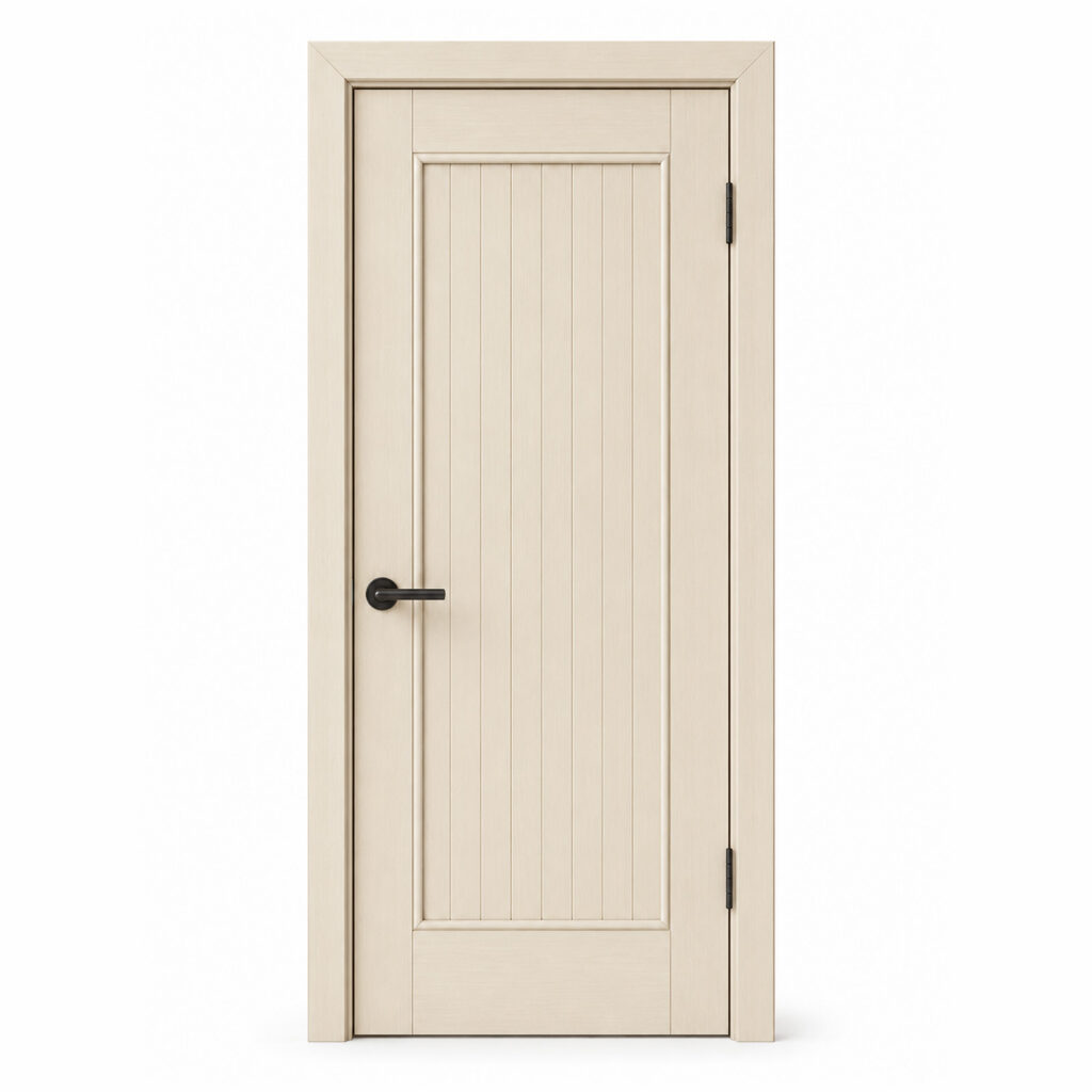 Product image of an ivory wood interior door with a calm grain, vertical plank detailing, matching frame and black handle.