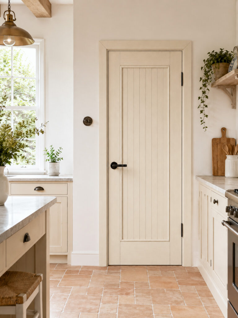 Ivory wood plank door with black metal hardware styled in a bright country kitchen with terracotta floor tiles, white cabinetry and warm natural decor.