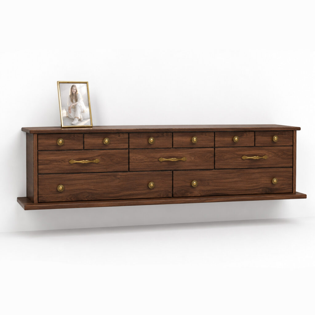Product image of a wall-mounted walnut floating TV console with brass knobs, brass drawer pulls and a brass-framed photo on top.
