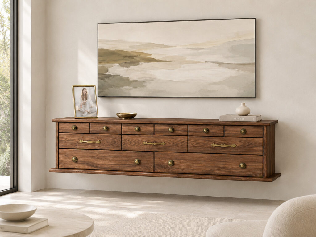 Alt Text 2:
Walnut floating TV console styled below a frame-style TV in a bright elegant living room with soft neutral tones and subtle decor.