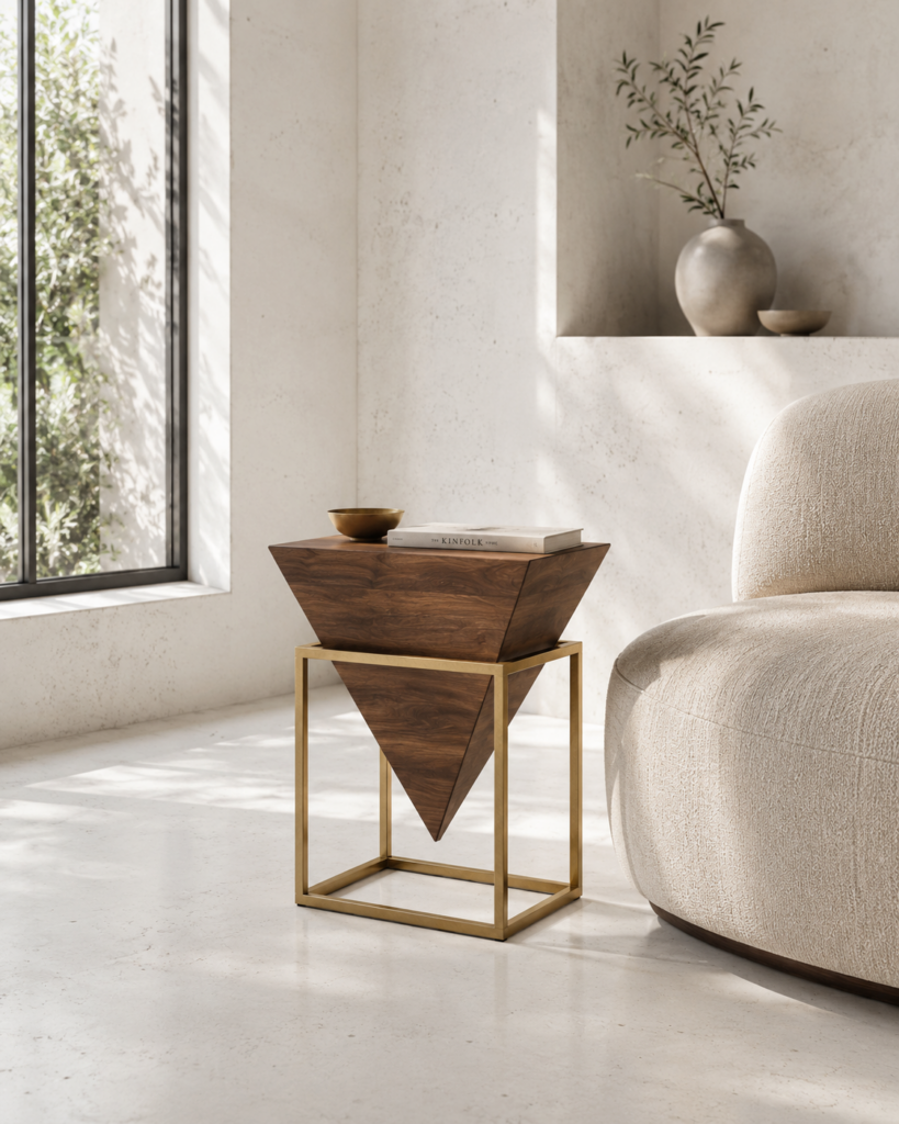 Walnut and brass pyramid side table beside a cream lounge chair in a bright interior with white concrete walls and a large window.