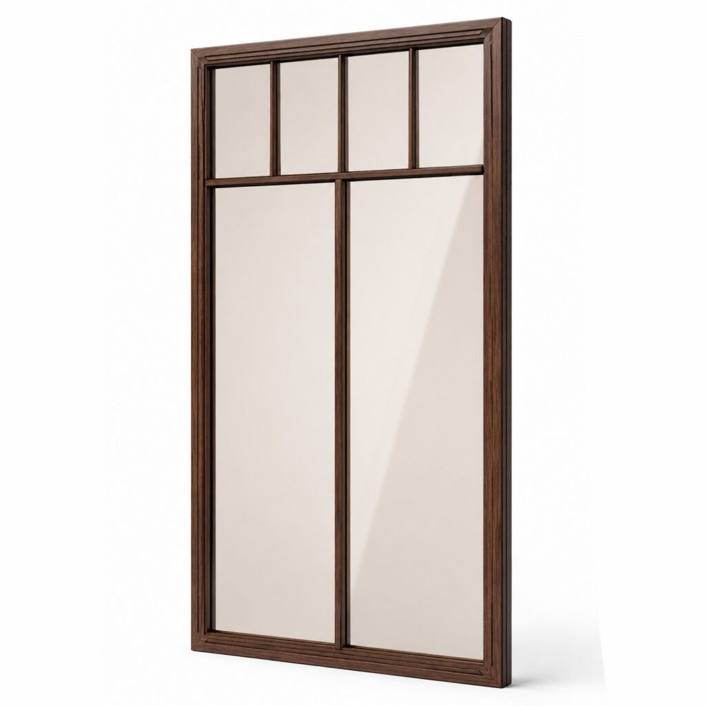 Product image of a tall fixed window with an elegant walnut wood frame, classic muntin detailing and lightly brown-tinted glass.