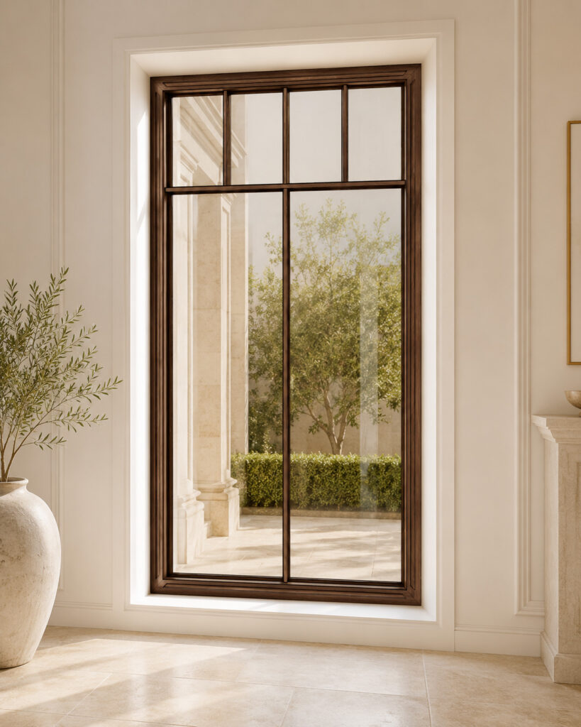 Tall walnut wood fixed window with lightly brown-tinted glass installed in a bright elegant interior with stone flooring and a garden view outside.