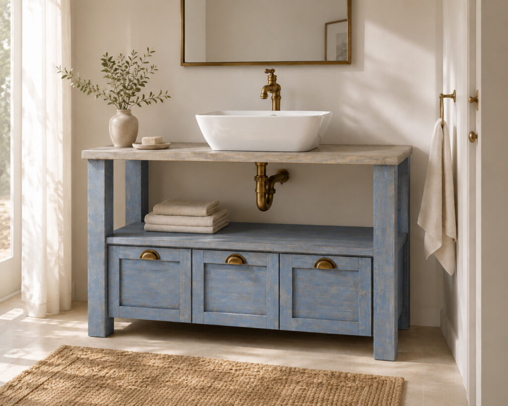 Light-filled elegant bathroom featuring the distressed light blue RC ETHAN vanity with brass fittings, white ceramic basin, pale stone floor and soft neutral decor.
