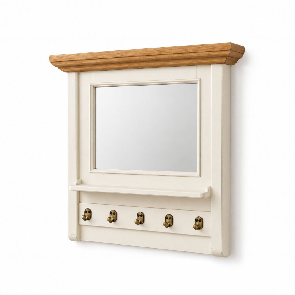 Cream wall mirror with oak top cornice, narrow shelf and five antique brass coat hooks on a white background.