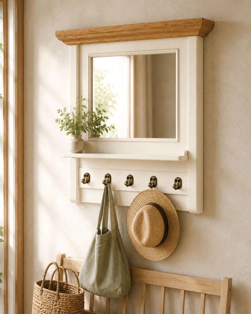Cream wall mirror coat rack with oak top, brass hooks, a sage fabric bag and a straw hat in a warm hallway setting.
