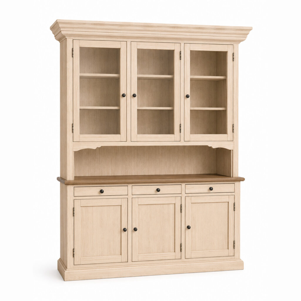 Large light oak display cabinet with glass upper doors, drawers, closed lower cabinets and dark metal knobs on a white background.