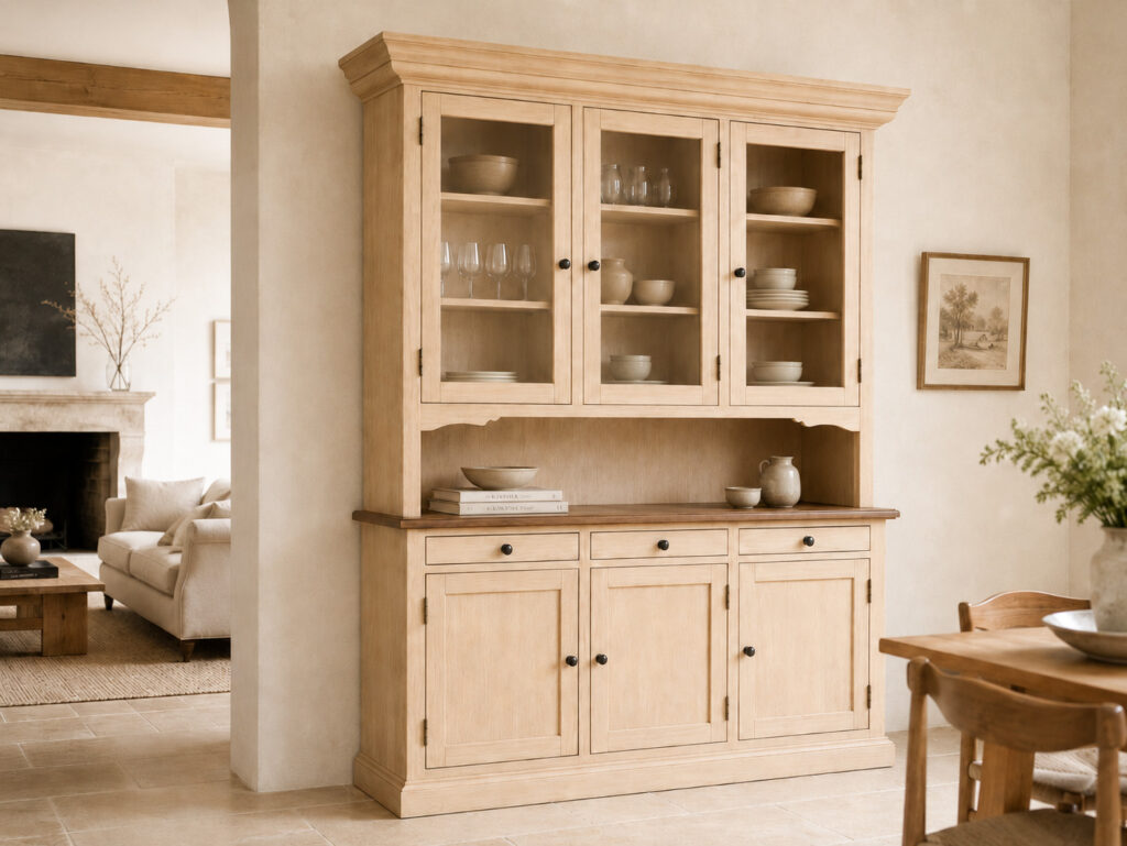 Light oak display cabinet with glass doors and closed storage, styled with tableware in a warm dining and living room setting.