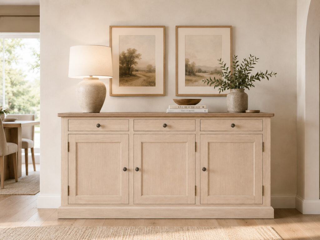 Light oak sideboard with three drawers, three cabinet doors and dark metal hardware, styled with a lamp, framed wall art, books and a vase in a warm neutral interior.