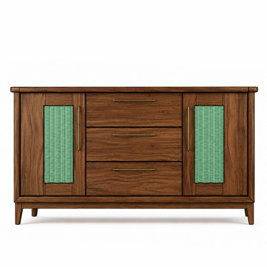 Walnut sideboard with three central drawers, two side doors with green woven rattan panels and brass handles on a white background.