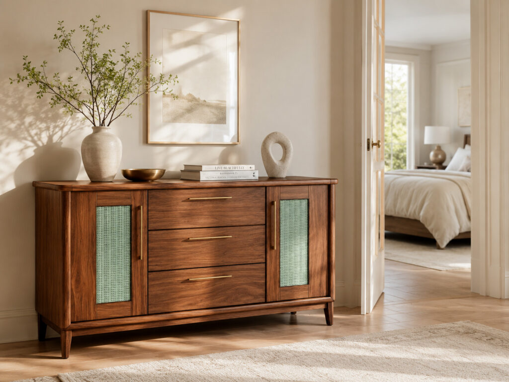 Walnut sideboard with green woven rattan panels and brass handles, styled with vases, books and wall art in a warm bedroom hallway setting.