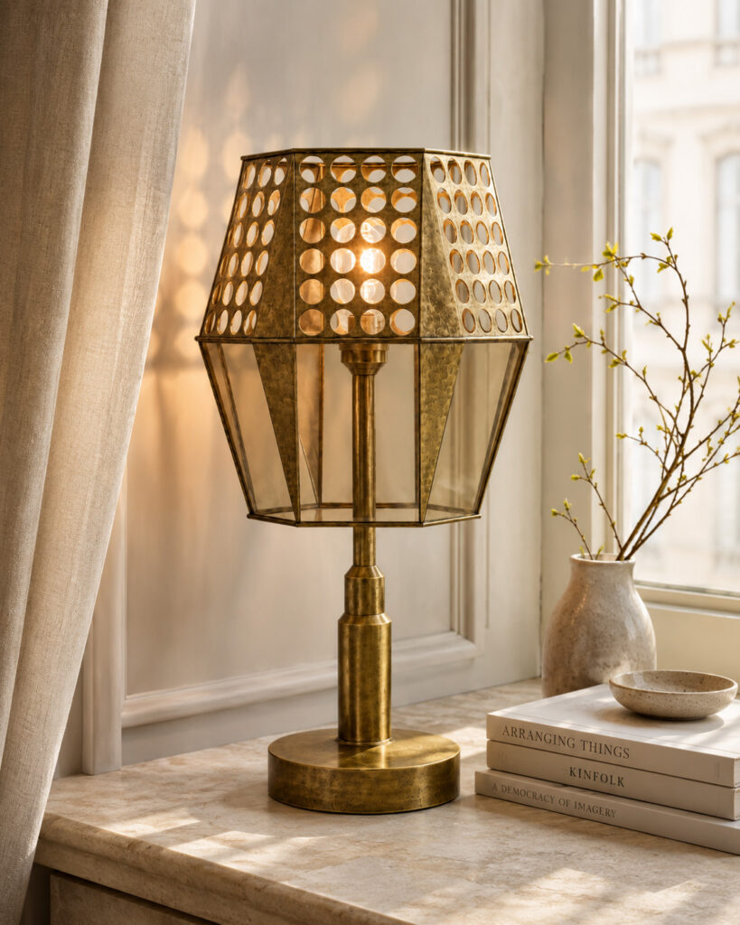 Antique brass and tinted glass table lamp on a stone window sill, styled with books, a vase and soft neutral curtains.
