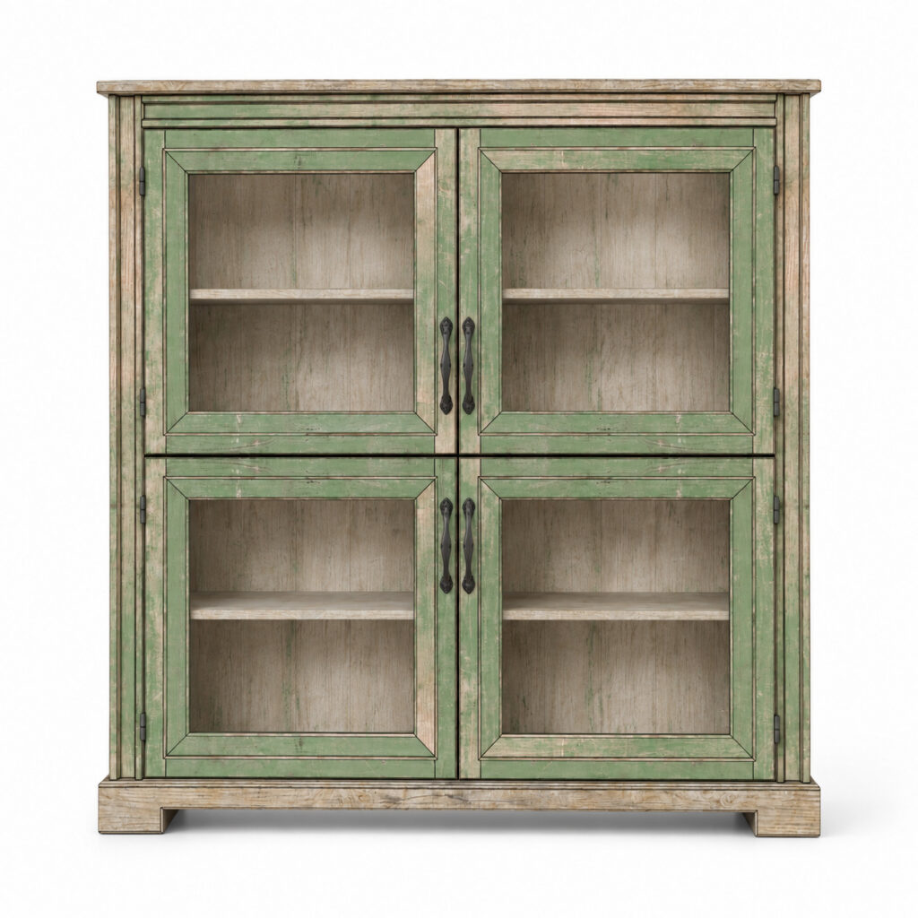 Front view of RC KOLJA, a distressed coastal green wooden display cabinet with four glass doors, internal shelves and dark metal handles.
