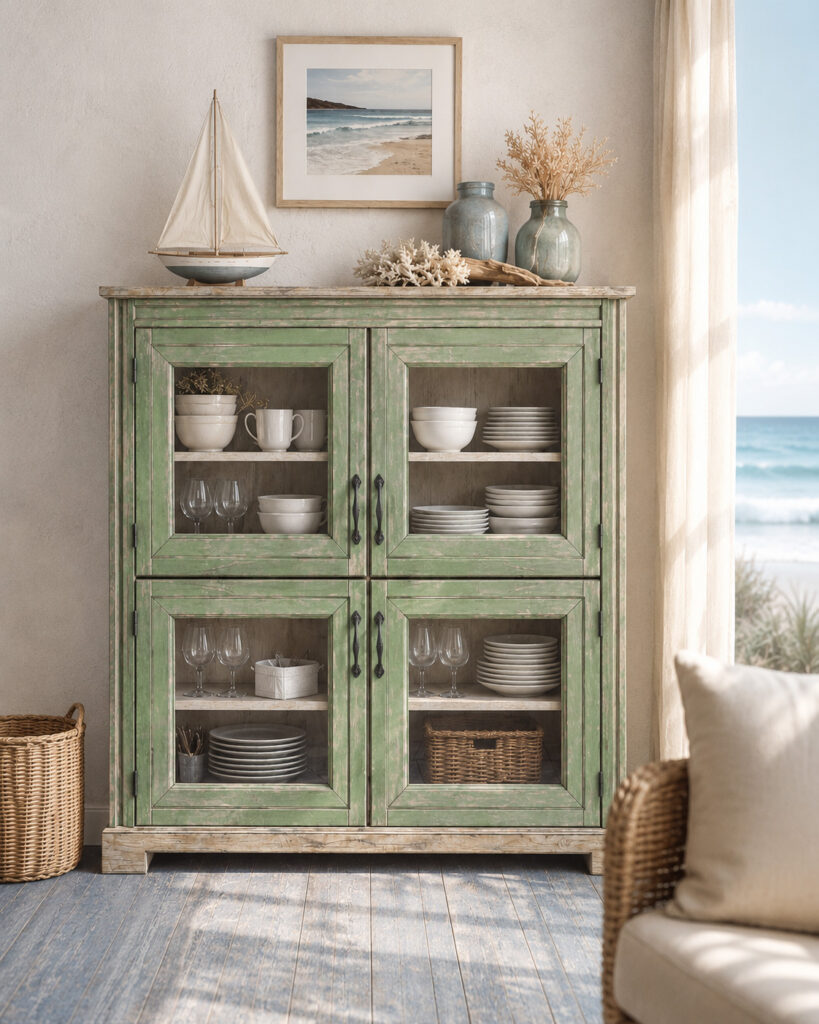 RC KOLJA coastal green glass display cabinet styled with neutral tableware in a bright seaside interior overlooking the ocean.