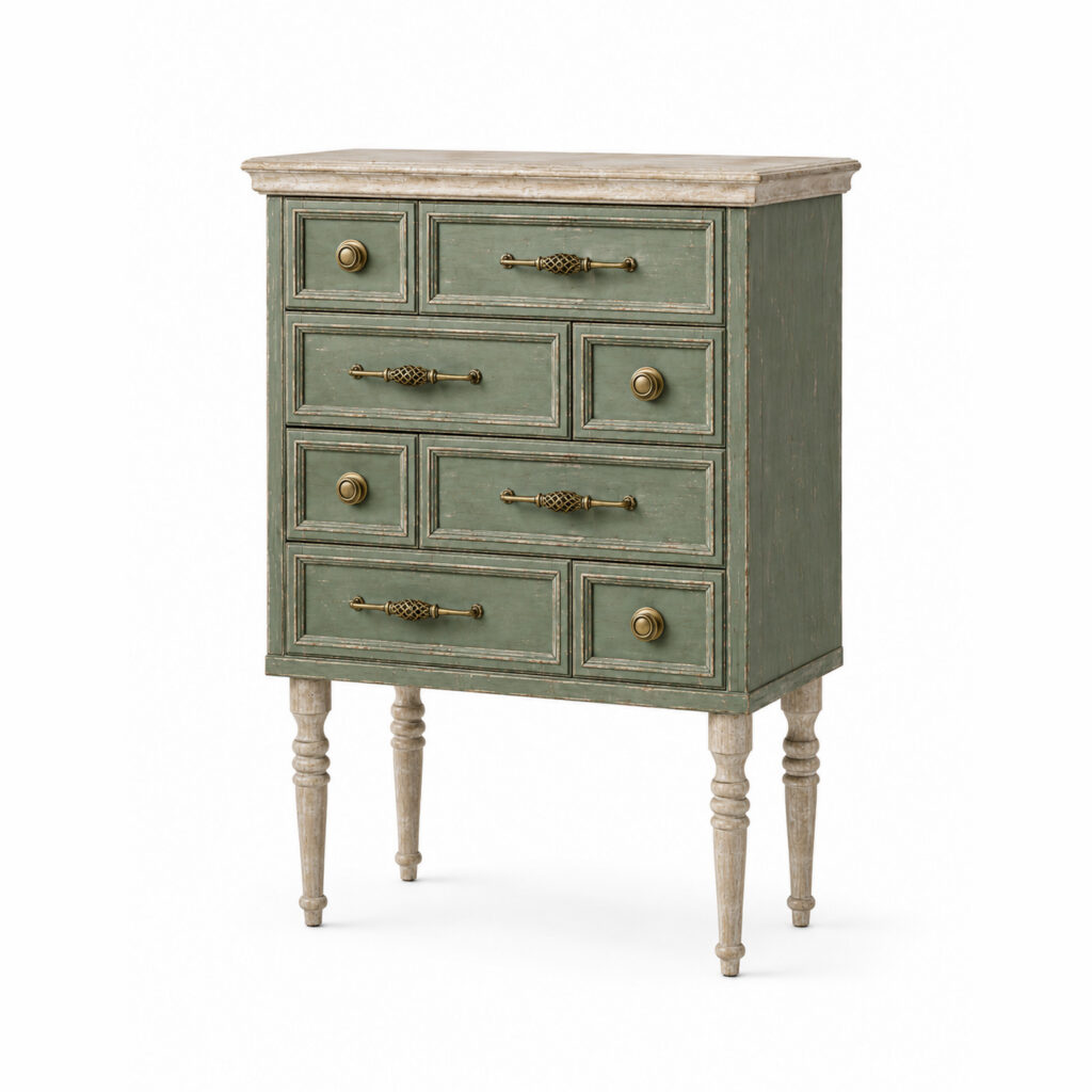 Front view of a compact vintage bedside table in green and ivory painted wood with an antique finish, four drawers, turned legs, and decorative brass handles and knobs on a white background.