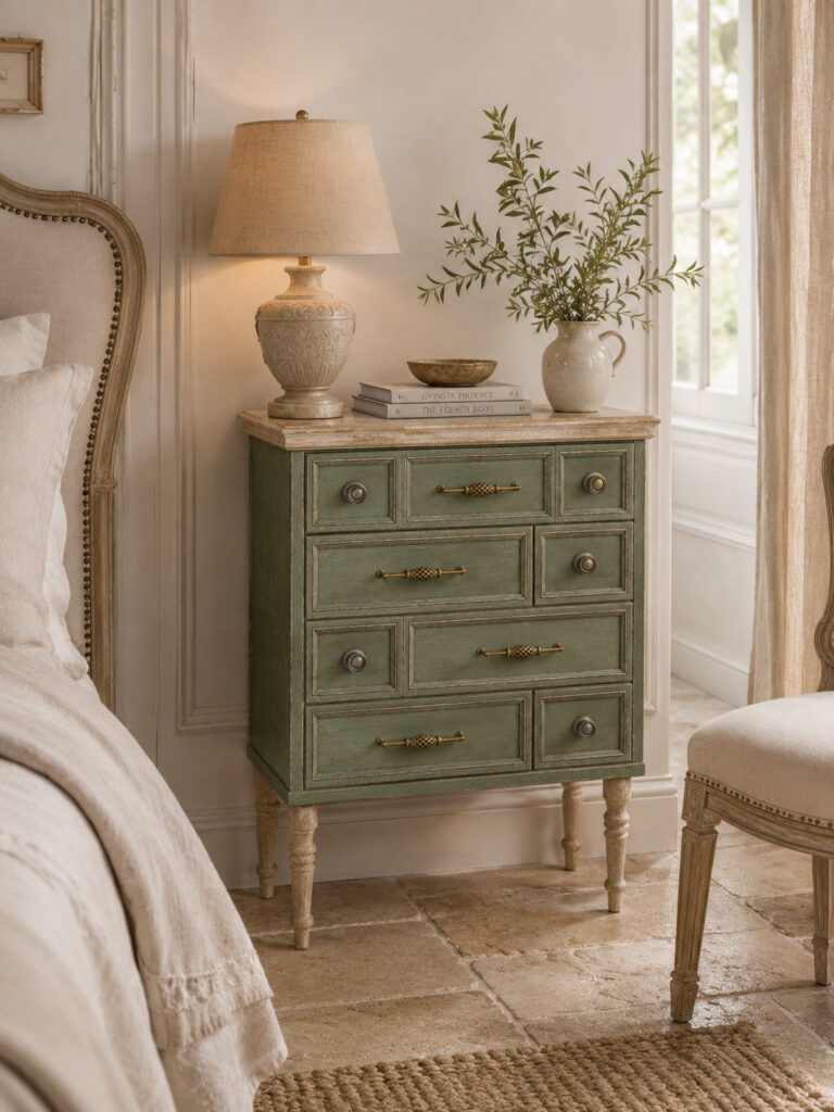 Vintage green bedside table with ivory top and legs, styled in an elegant bedroom beside a bed and upholstered chair, decorated with a lamp, books, a small bowl, and a ceramic vase with branches.
