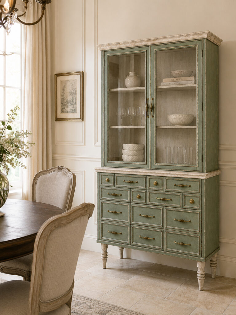 Vintage green display cabinet with glass doors and many drawers, styled in an elegant dining interior with classic chairs, soft wall paneling, and tableware arranged inside the cabinet.