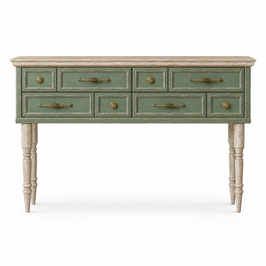 Front view of a green and ivory wooden console table with an antique finish, eight drawers, turned legs and decorative brass handles on a white background.
